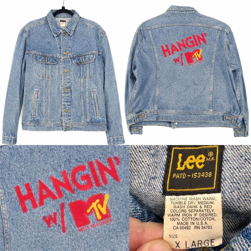 Vintage Early 90s Lee Hangin w MTV Denim Jean Jacket Made in USA XL Rare MTV